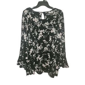 Karl Lagerfeld size 2X long sleeved blouse‎ floral black & white Boho trendy top